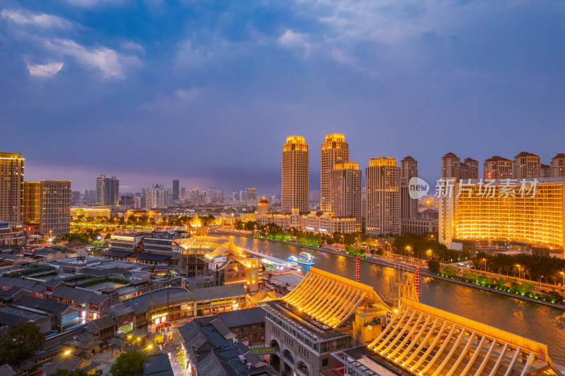 天津海河古文化街码头城市夜景风光航拍