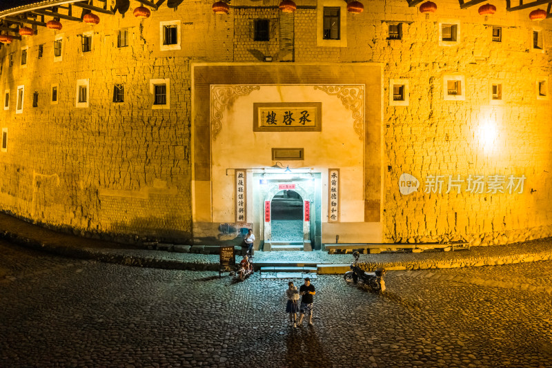 福建龙岩永定土楼夜景航拍