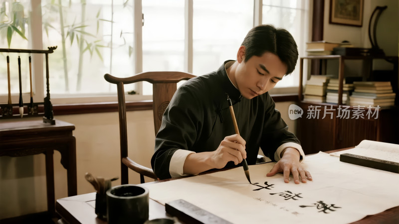 书法家在书房练习书法的传统文化艺术背景