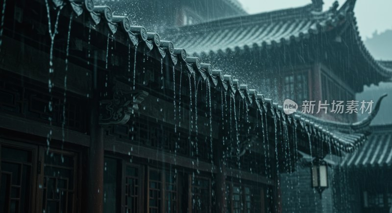 雨中传统古建筑屋顶景象