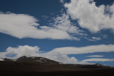 蓝天白云下的高原雪山