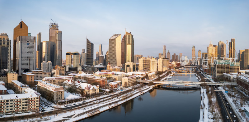 天津海河直沽桥小白楼商圈城市建筑雪景风光