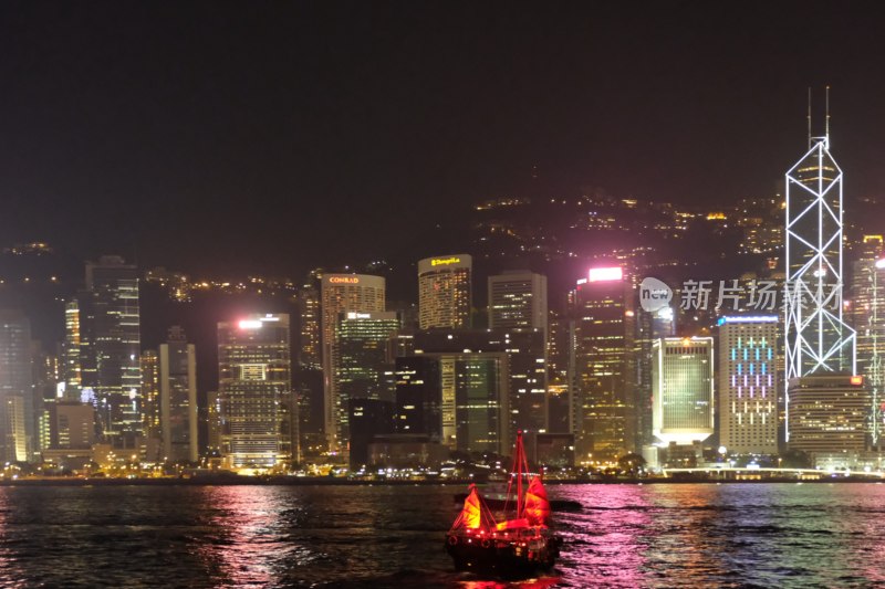 香港夜景中的中式帆船