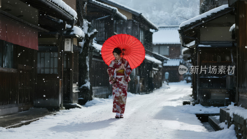 冬至雪中古街和服女子的唯美意境