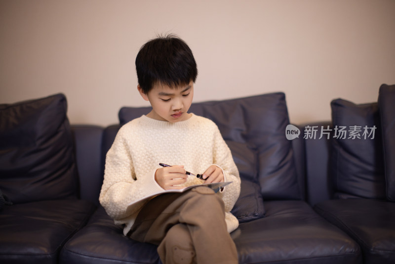一个帅气的中国小男孩坐在沙发上写作业