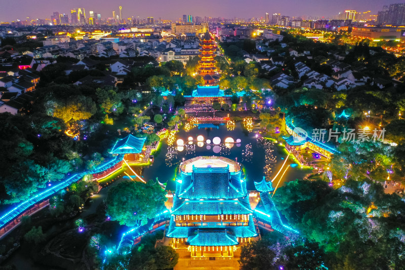 苏州市盘门景区日落夜景航拍