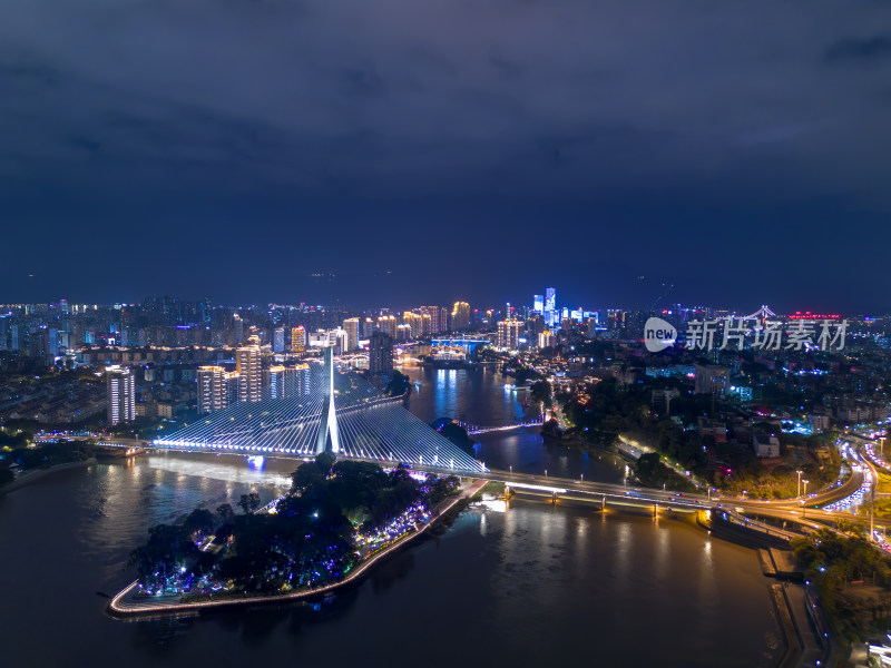 航拍福州城市夜景下与繁华立交桥及周边建筑