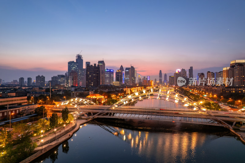 天津海河刘庄直沽桥日落城市建筑夜景航拍