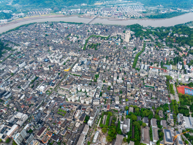 航拍浙江省台州市临海市东湖景区紫阳古街