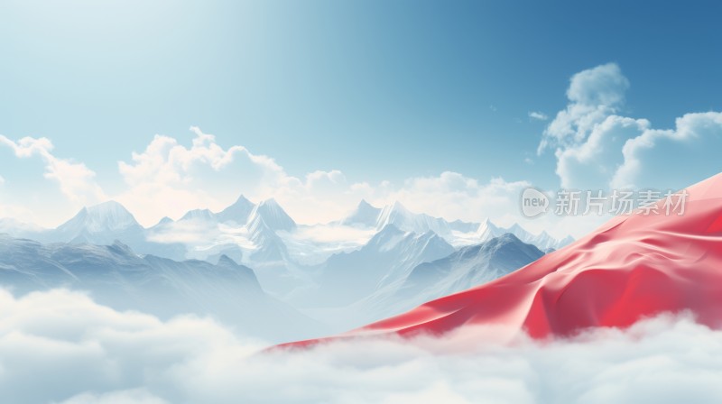 高山云雾，矗立在山峰的红色旗帜
