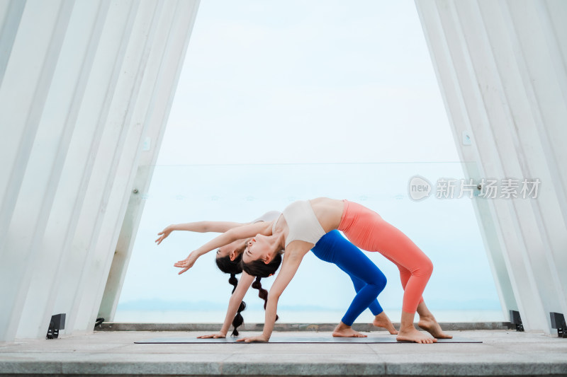 户外宽敞明亮空间里练习双人瑜伽的亚洲女性