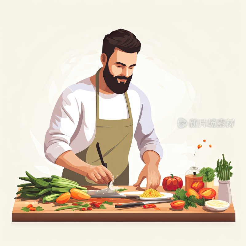 平面插图，正在做饭的男人