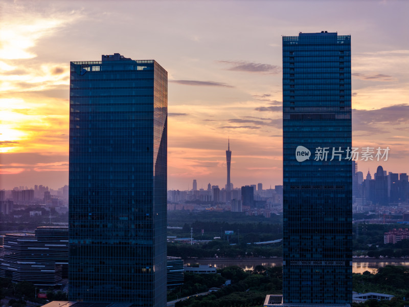 广州大学城生物岛日落夜景航拍