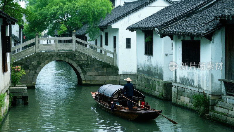 江南水乡古镇乌篷船小桥流水自然旅游背景