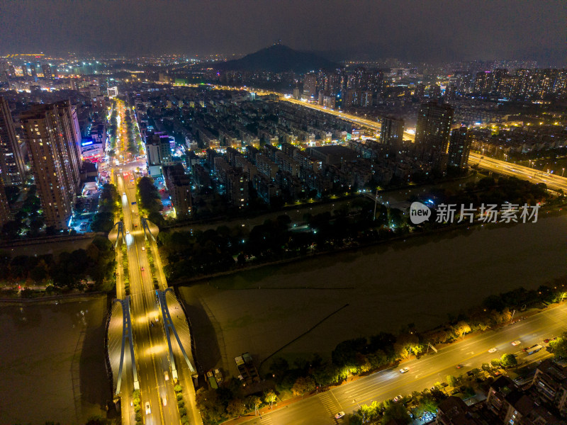 湖州城市大景夜景航拍