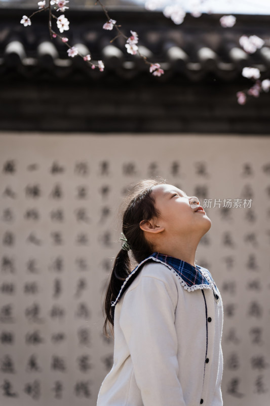 春天在北京爨底下村游玩踏青的中国女孩