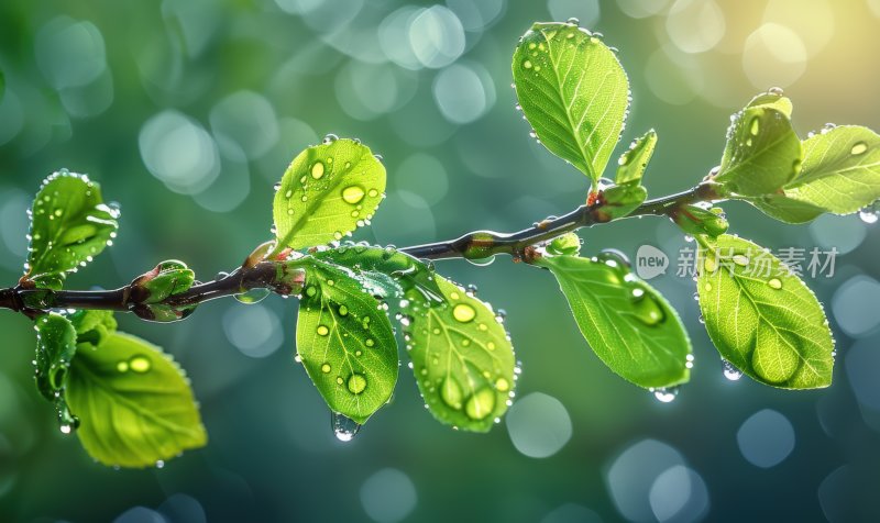 树枝绿叶春雨发芽水珠绿色生态背景