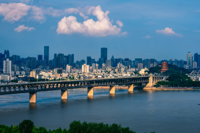 武汉夏季白天远眺长江大桥与黄鹤楼景区