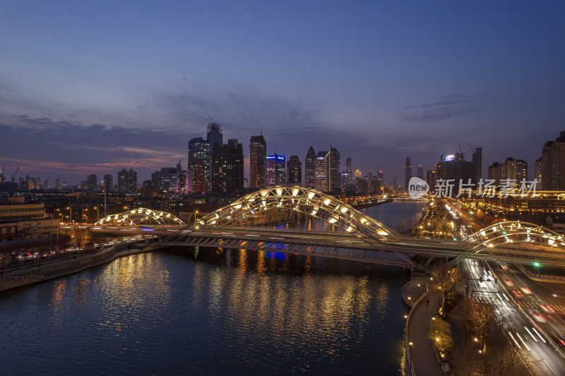 天津海河刘庄桥直沽桥日落城市建筑夜景航拍