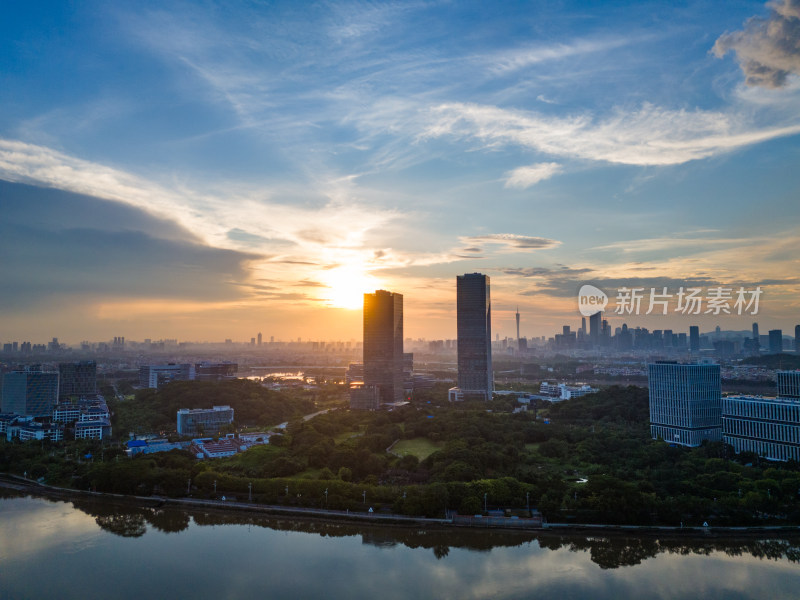 广州大学城生物岛日落夜景航拍