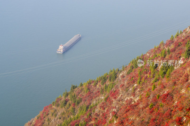 重庆巫山秋山红叶与江上货船