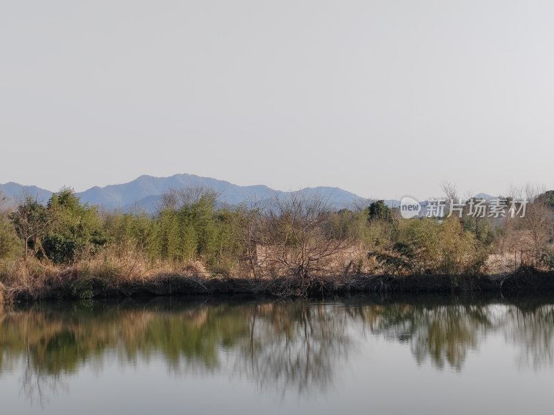 平静湖水倒映岸边植被及远处山峦