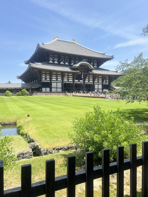 东大寺传统古建筑前绿草如茵的景象