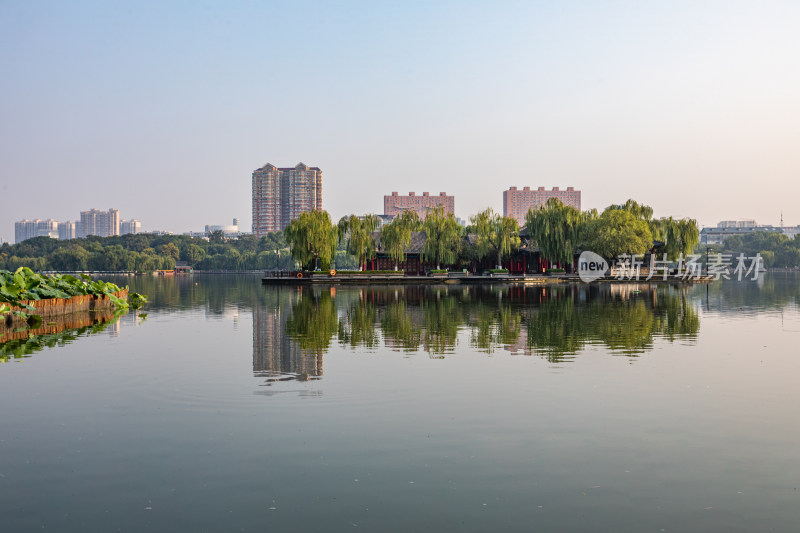 山东济南大明湖风景区自然景观与城市风光