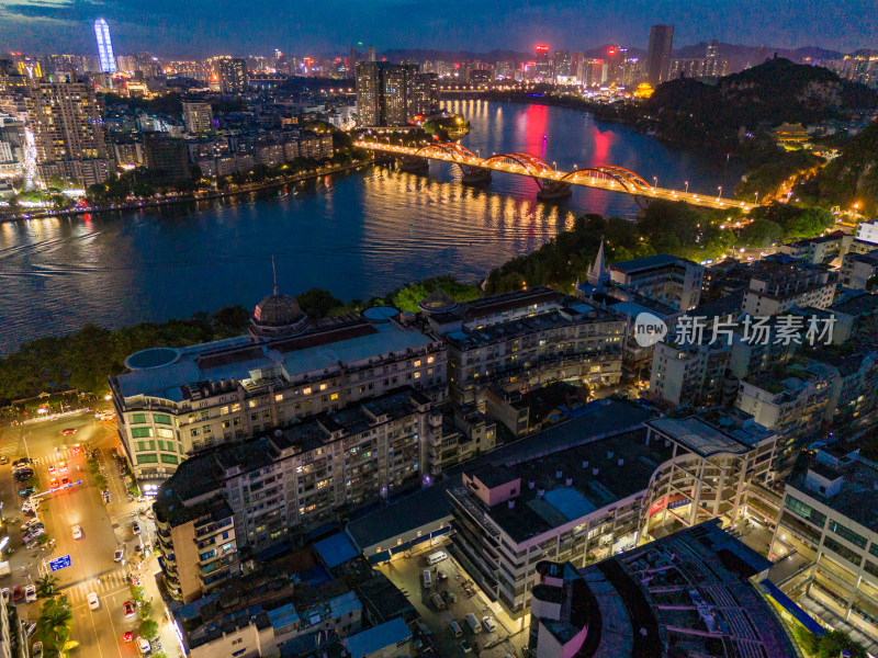 柳州夜幕降临晚霞夜景航拍图