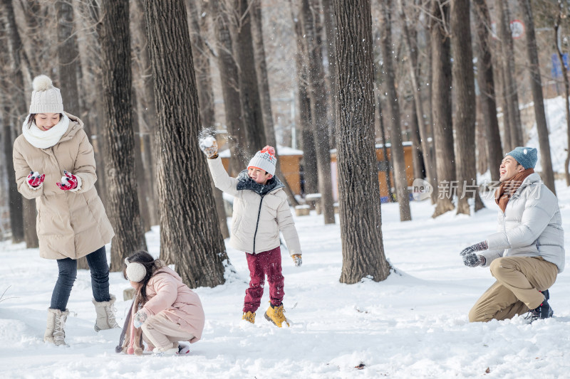 雪地里打雪仗的快乐家庭