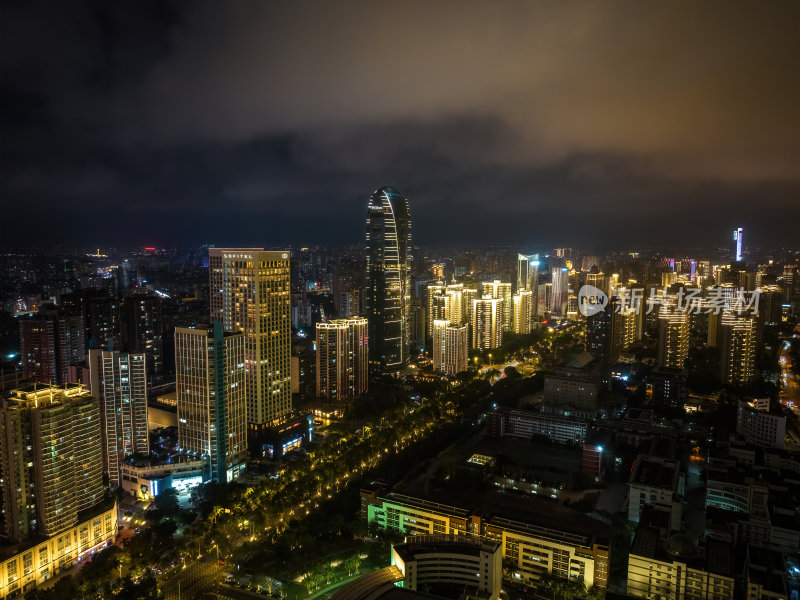 海南海口海滨新城城市车水马龙夜景灯光航拍