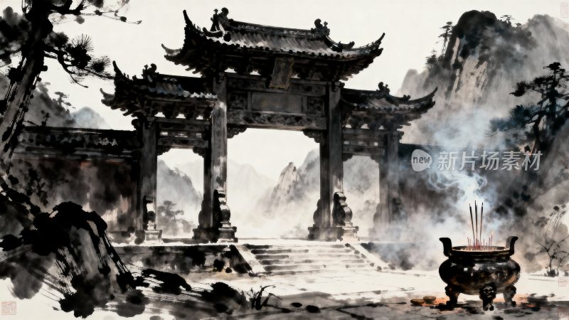 古风水墨风格中式牌坊景观