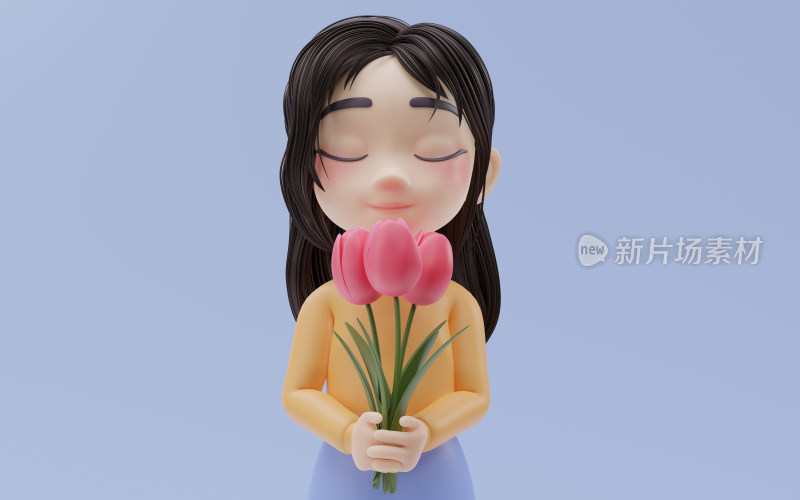 手捧鲜花的小女孩3D渲染