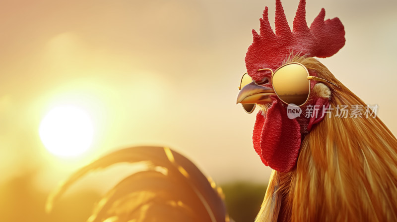 黄金时光下的酷炫公鸡：金羽毛与金色太阳镜