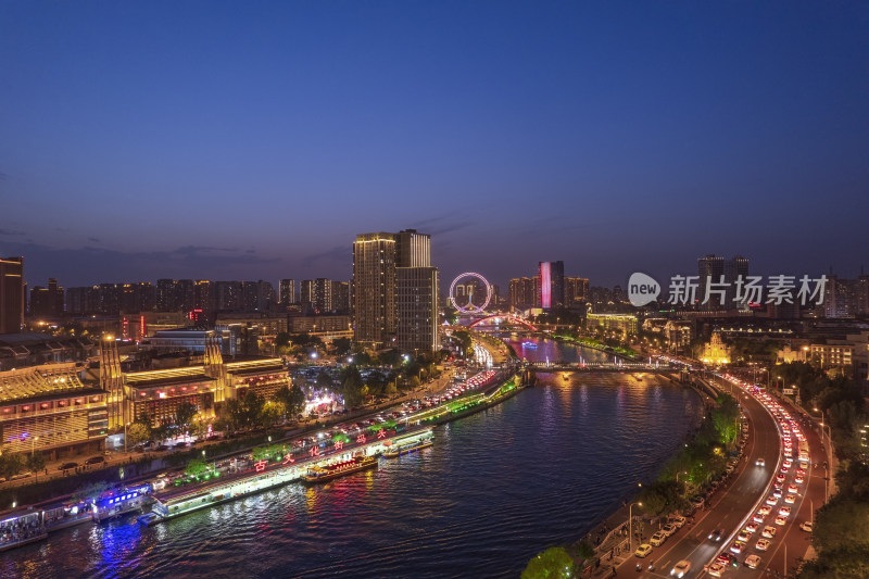 天津海河古文化街码头城市风光夜景航拍