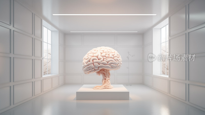 巨大的大脑雕塑被置于白色现代展览空间中央