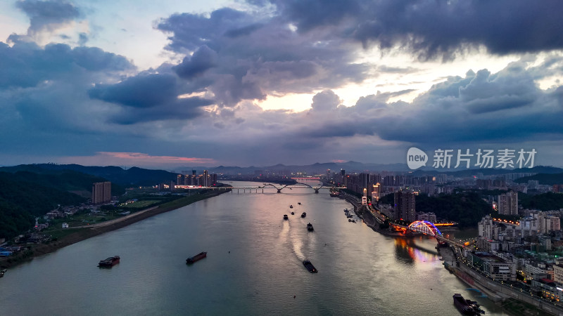 梧州西江晚霞夜景航拍图