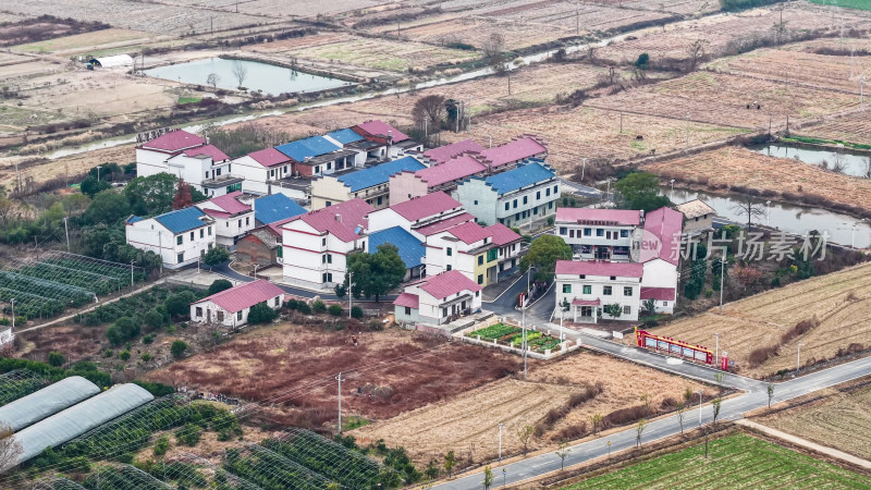 乡村田野与民居鸟瞰景象