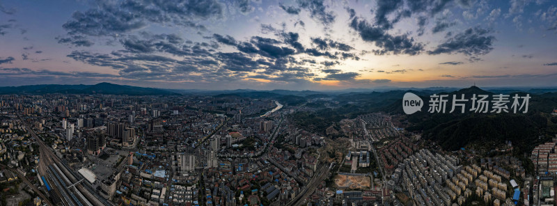 湖南怀化日落晚霞夕阳全景图航拍