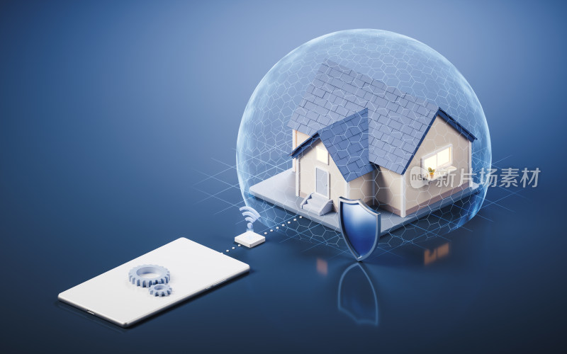 房屋与远程控制智能家居概念3D渲染