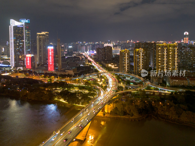 航拍福州城市夜景下与繁华立交桥及周边建筑