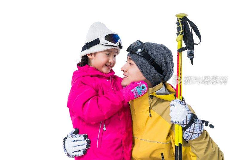 年轻爸爸和女儿滑雪