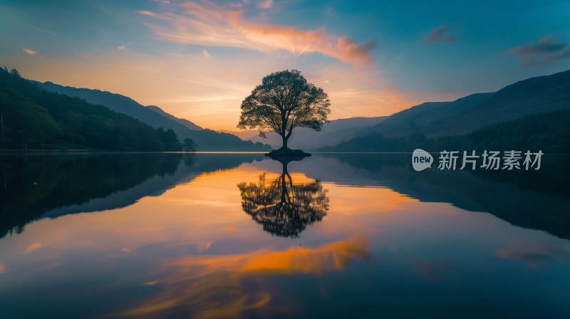 镜像世界：孤树矗立湖心，黄昏下的静谧倒影