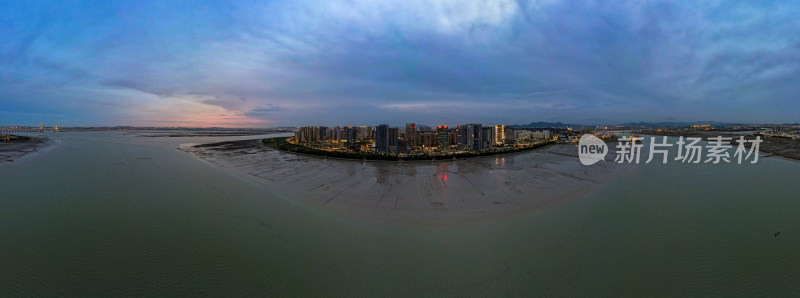 福建泉州泉州湾东海新区夜幕降临航拍全景图