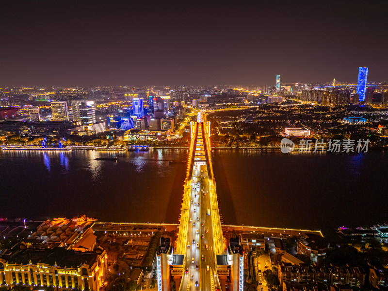 航拍上海卢浦大桥和黄浦江夜景