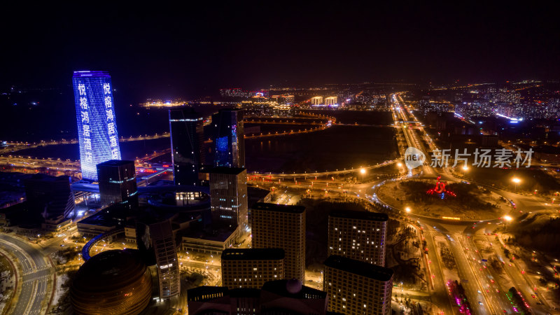 长春高新区CBD现代都市夜景全景建筑高楼