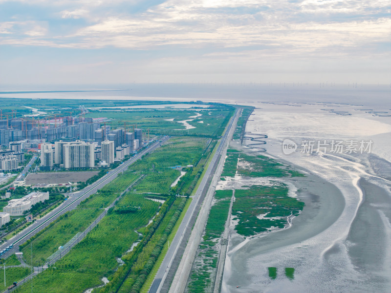 航拍上海奉贤南汇新城海滩临港滴水湖