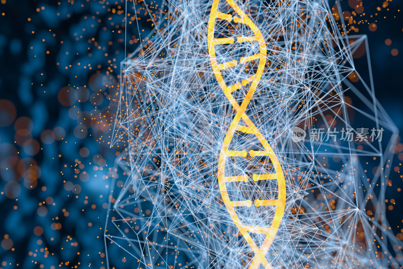 DNA与蓝色科技发光线条 3D渲染