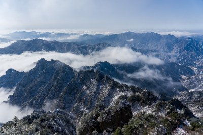 洛阳老君山旅游冬天大雪云海自然风景航拍