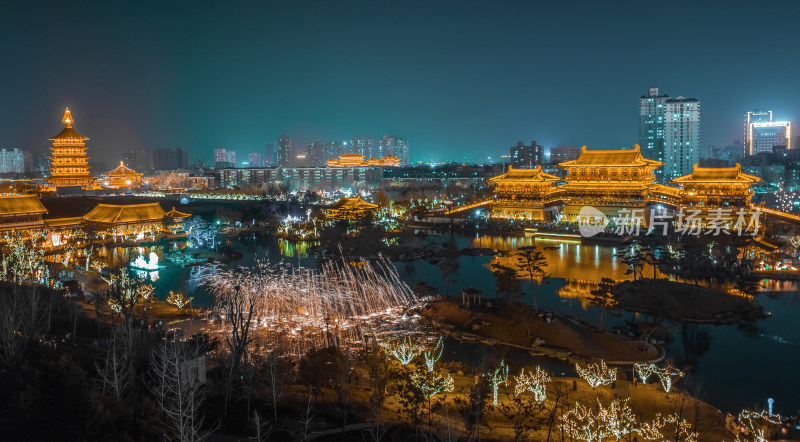 洛阳城市旅行隋唐洛阳城九州池景区夜景航拍